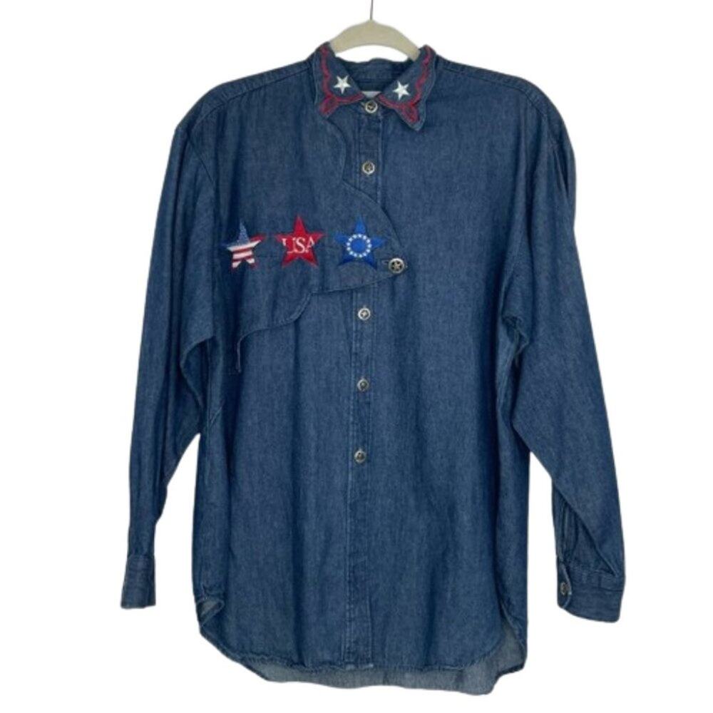 Longhorn by Niver Western Wear denim button down embroidered blouse USA